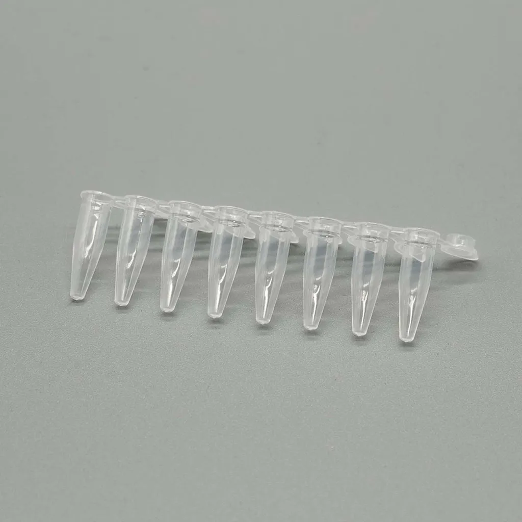 Picture of PCR 8-Strips Tube w/ Attached Cap PP 0.2 mL Flat Cap Clear DNase/RNase Free (PCR)
